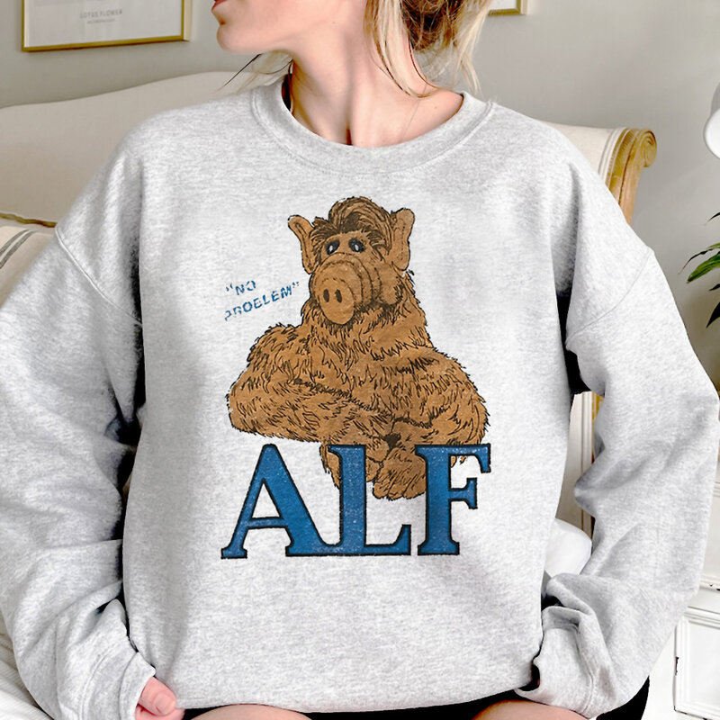 Alf hoodie wanita lengan panjang 90s, baju bertudung gaya Korea wanita, atasan lucu