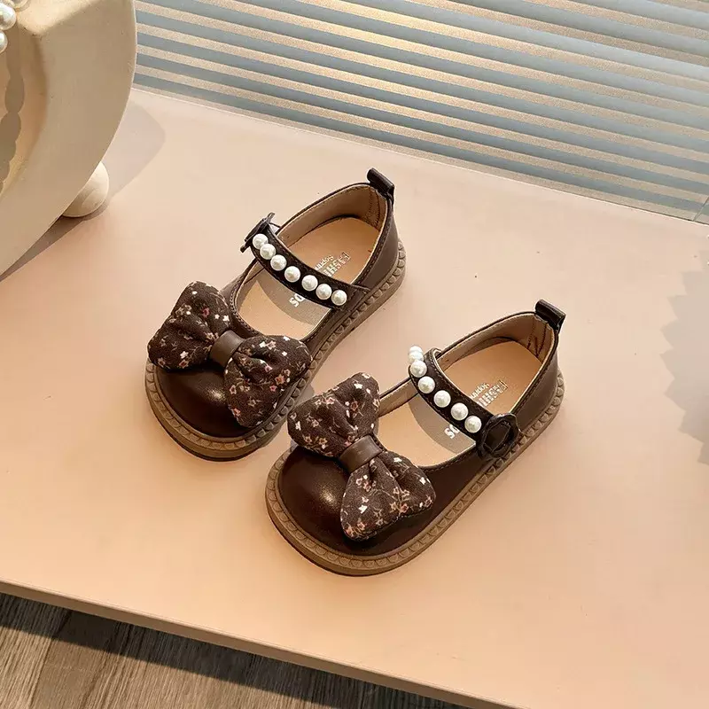 Girls Princess Leather Shoes Sweet Bowknot Children's Flats Fashion Spring Kids Walking Mary Jane Shoes Elegant Pearl Soft Soled