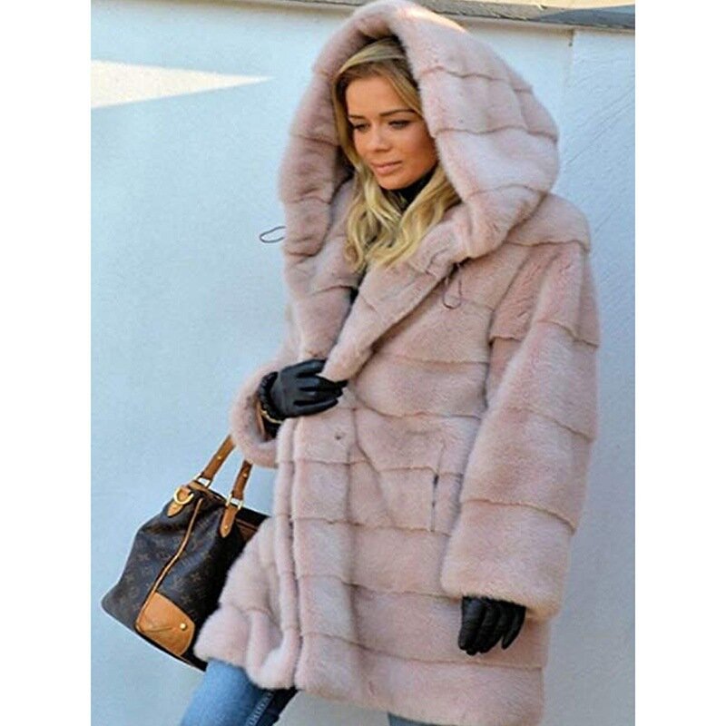 Jaket bulu palsu ukuran besar, multi warna, panjang sedang, desain berkerudung tebal longgar untuk kehangatan klasik di musim gugur dan musim dingin
