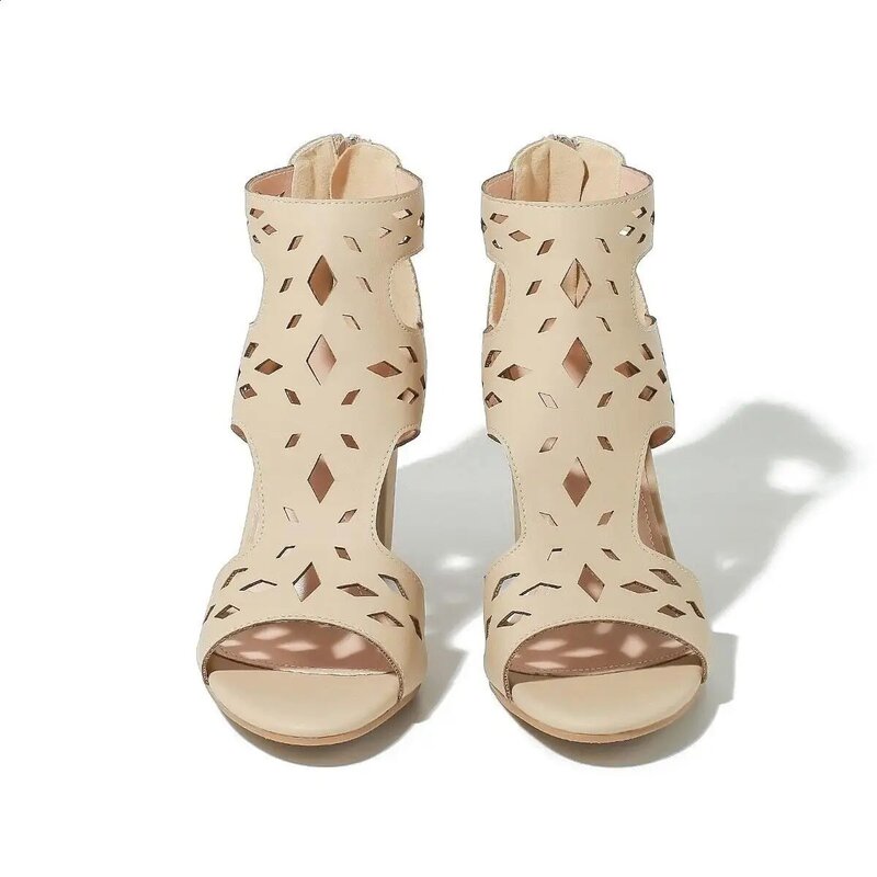 Sandalias de tacón grueso para mujer, zapatos de talla grande con punta abierta, color Beige, a la moda, 2024