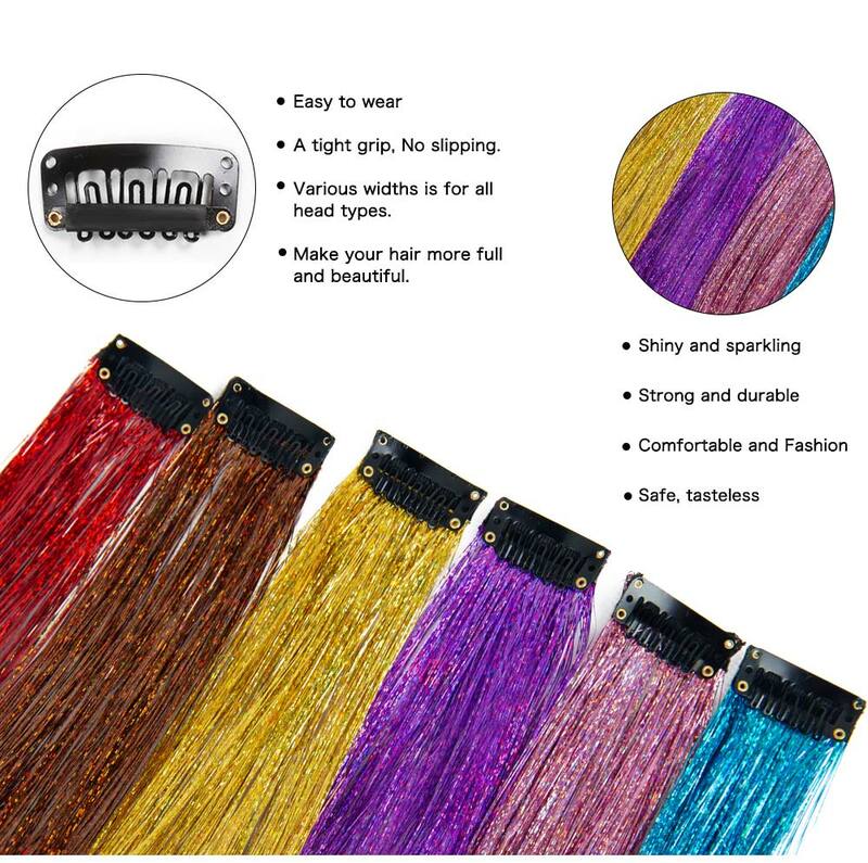 Sparkle Shiny Hair Tinsel Rainbow Silk Hair Extensions Clip nelle estensioni dei capelli per le donne Sparkle Hair Extensions resistente al calore