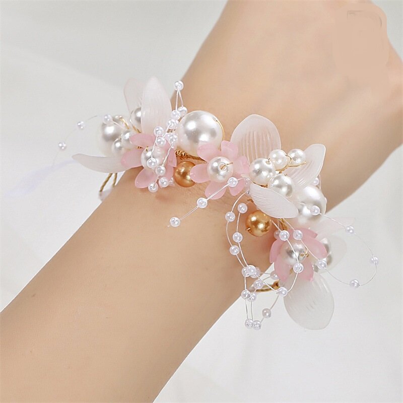 Beautiful Children Wrist Corsage Pearl Beads Hand Flower Bracelet with Ribbon Bride Bridesmaid Wrist Corsage Wedding Accessory