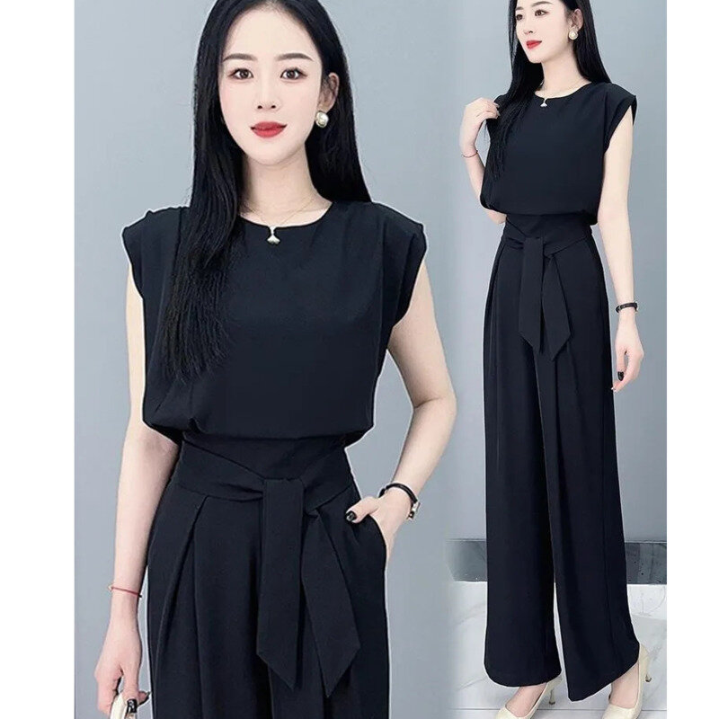 Damen Sommer neue koreanische Mode lässig schlaff von der Schulter ärmelloses Crop Top und hohe Taille weites Bein Hose 2 zweiteiliges Set