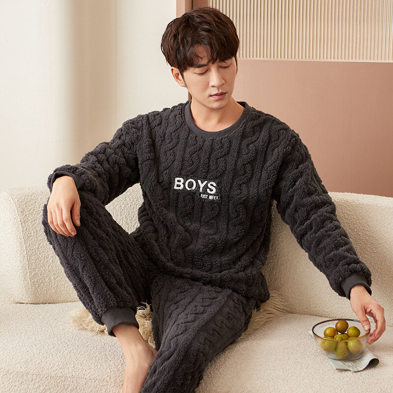 Korean Men Thicken Warm Flannel Pajamas Male Long Sleeved Letter Printed Men's Winter Leisure Homewear Cloth Men Sleepwear Top