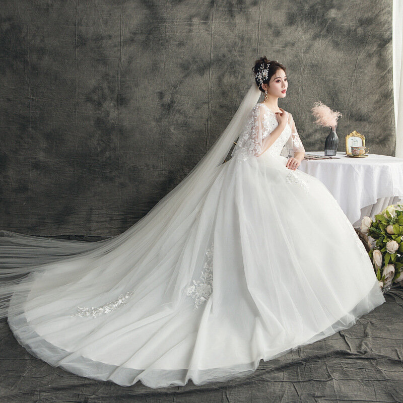 فستان زفاف بأكمام طويلة بخصر عالٍ ، MK1461-