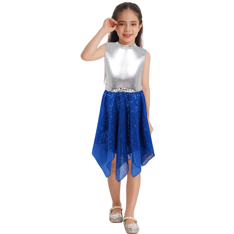 Детское лирическое танцевальное платье для девочек, блестящее балетное Сетчатое платье-пачка без рукавов с круглым вырезом и открытой спиной