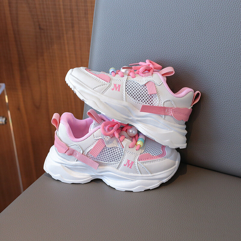 Dziewczęce obuwie sportowe letnie modna siatka oddychające dziecięce adidasy do biegania szkolne antypoślizgowe dzieci z miękkimi podeszwami buty do tenisa