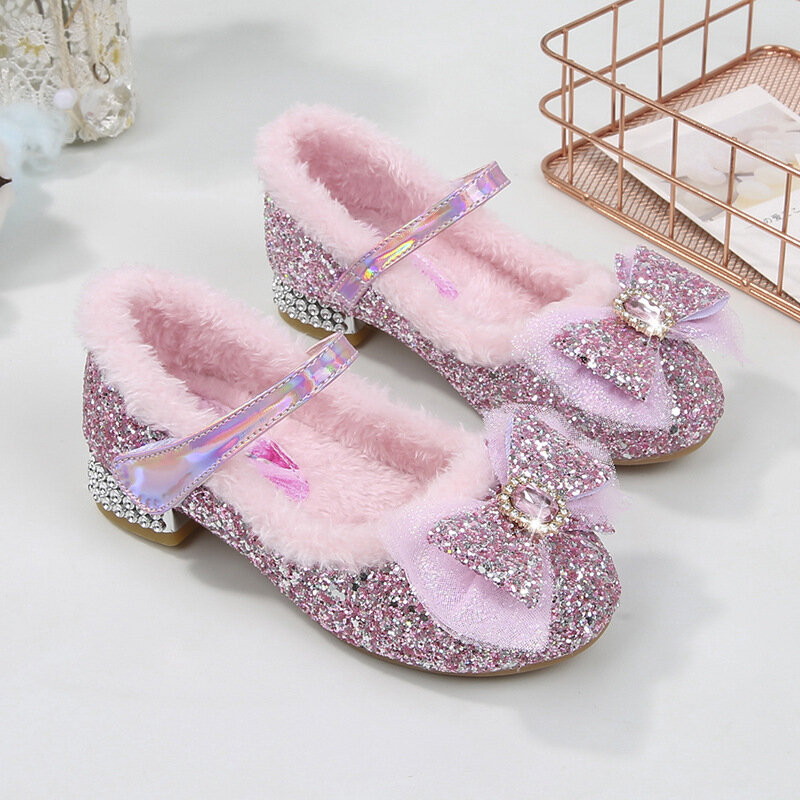 Disney Girls' High Heels Women Treasure Crystal Shoes Winter Children's Plush Fashion Bow Frozen Princess Elsa Shoes Size 23-36