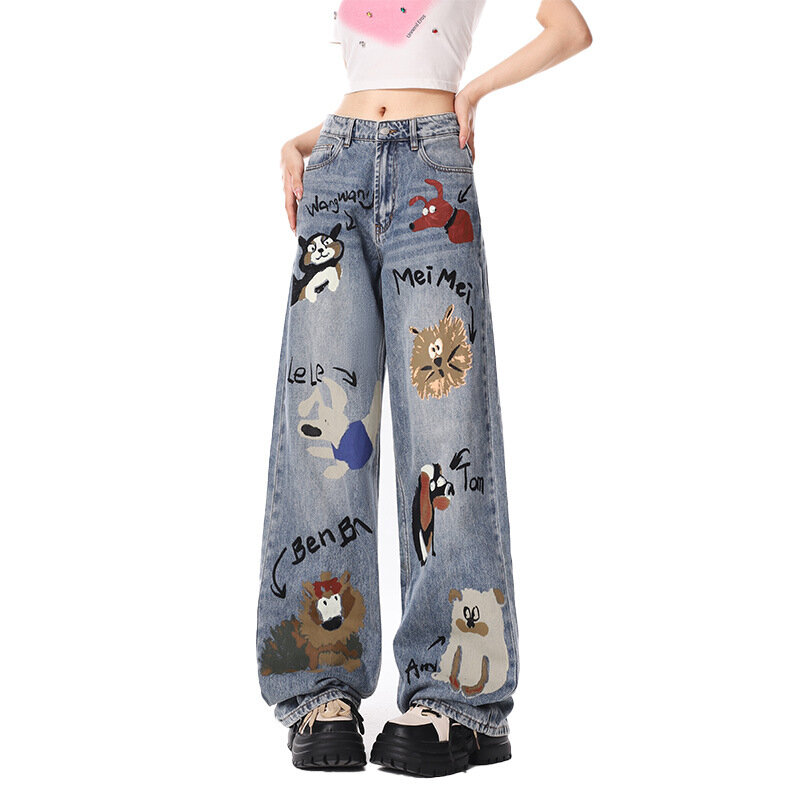 Graffiti Dog Printed Jeans For Women's Spring And Autumn Design Sense Niche High Waisted Loose Fitting Straight Tube Casual