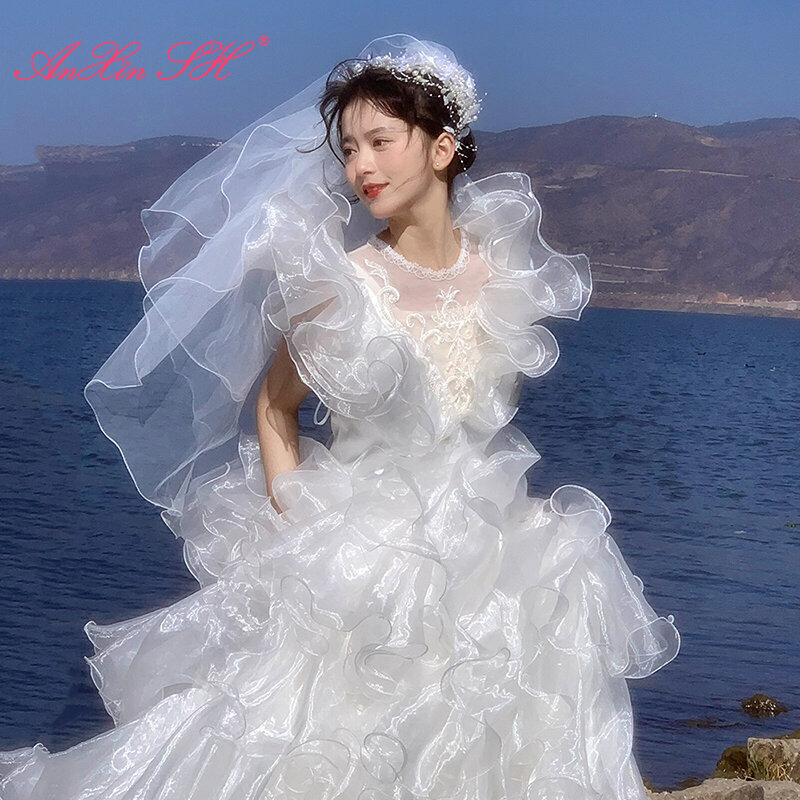 AnXin SH vintage księżniczka kwiat biały koronka z okrągłym dekoltem perły bufiaste rękawy falbany koronka ślubna antyczna suknia ślubna