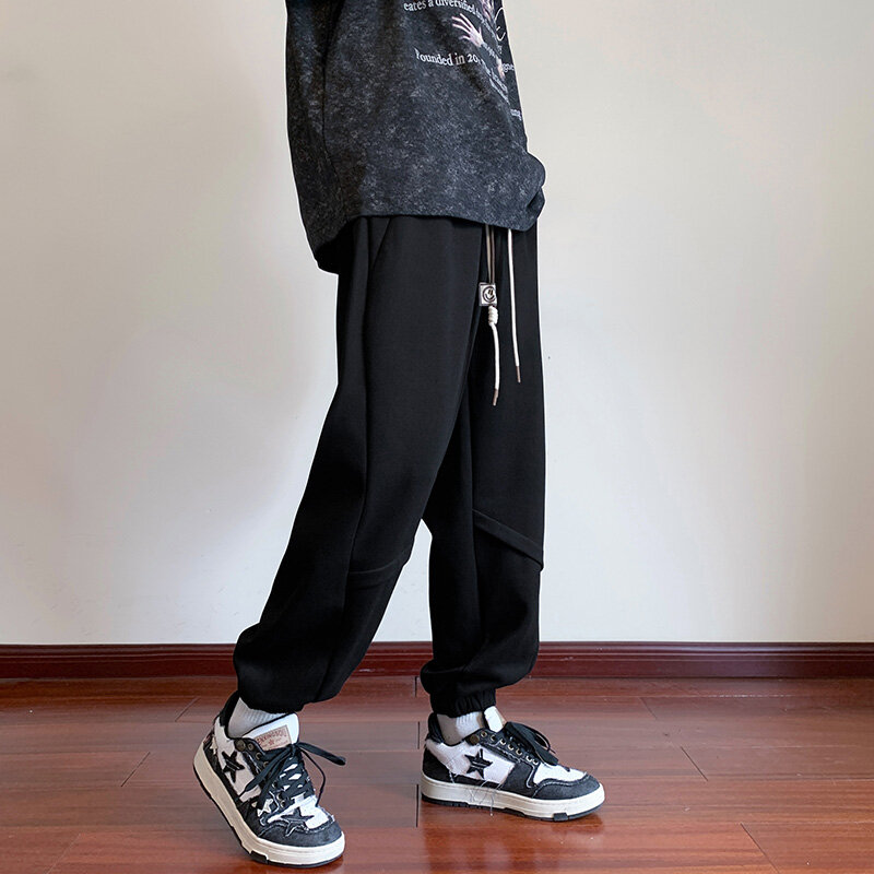 Celana kasual untuk pria, celana panjang longgar tali serut warna Solid empat musim gaya Korea JOGGER pria Streetwear