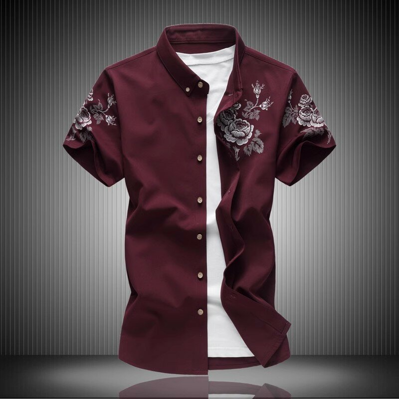 Рубашка мужская приталенная с коротким рукавом, маленький эластичный джемпер с принтом, модная деловая блуза с фонариками, большие размеры 7XL, лето