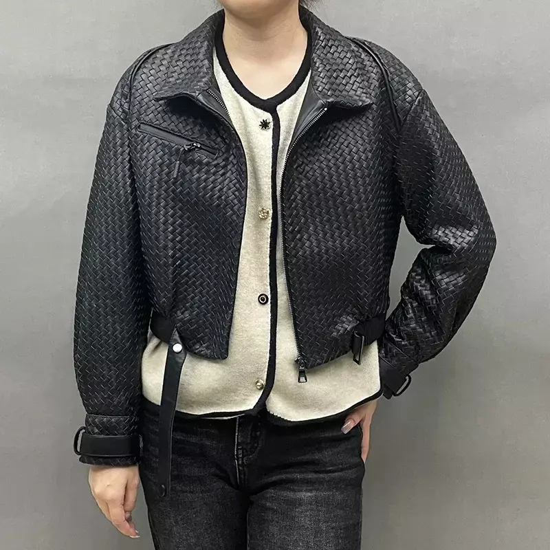 Jaqueta de couro de malha feminina, casaco de pele de carneiro, gola virada, moda streetwear, novo design, FG5993