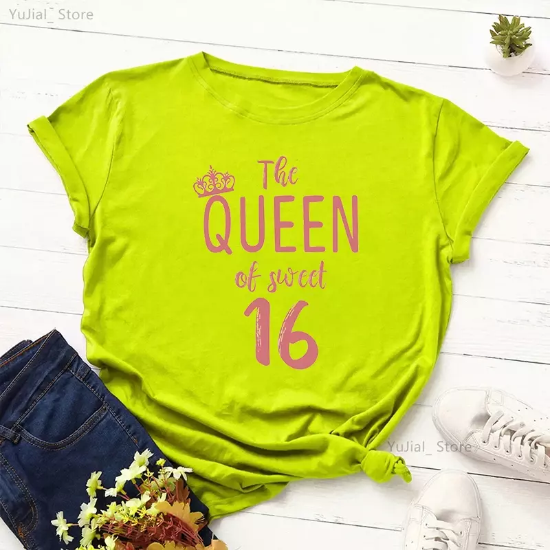 Camiseta con estampado gráfico de la Reina del dulce 16 para mujer, camiseta divertida de color gris/Verde/amarillo/rosa/Negro/Blanco, Tops de verano