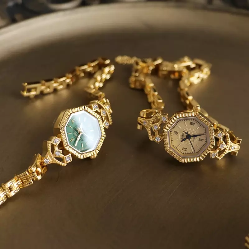 Correa de Latón chapado en oro de 18K para mujer, reloj de pulsera de alta calidad con diamantes de imitación dorados de lujo, estilo británico Retro, 2024
