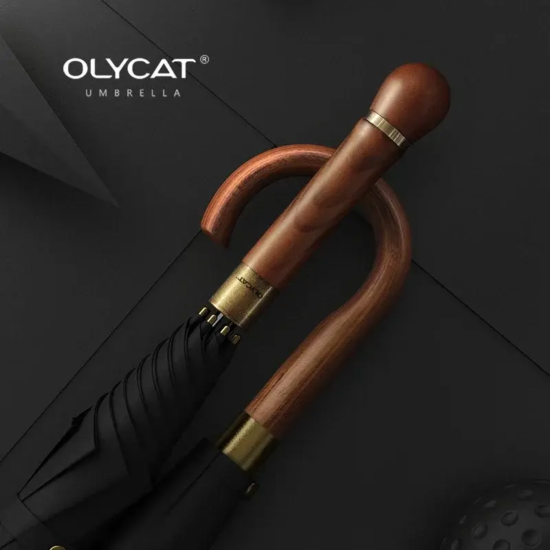 OLYCAT-Paraguas con mango de madera para hombre, sombrilla resistente a la lluvia, al sol y al viento, color negro, grande y largo, ideal para regalo, novedad
