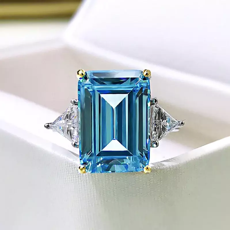 Luxe 100% 925 Echt Zilver 10*14Mm Aquamarijn Hoge Carbon Diamanten Ringen Voor Vrouwen Edelsteen Trouwband Feest Fijne Sieraden Cadeau