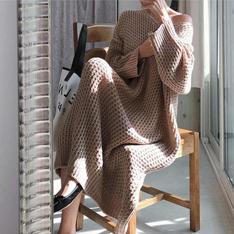 Damski nietoperz damski sweter z dekoltem w serek luźny dzianinowy sukienka elegancka moda Oversized jesień i zima długa sukienka sweter