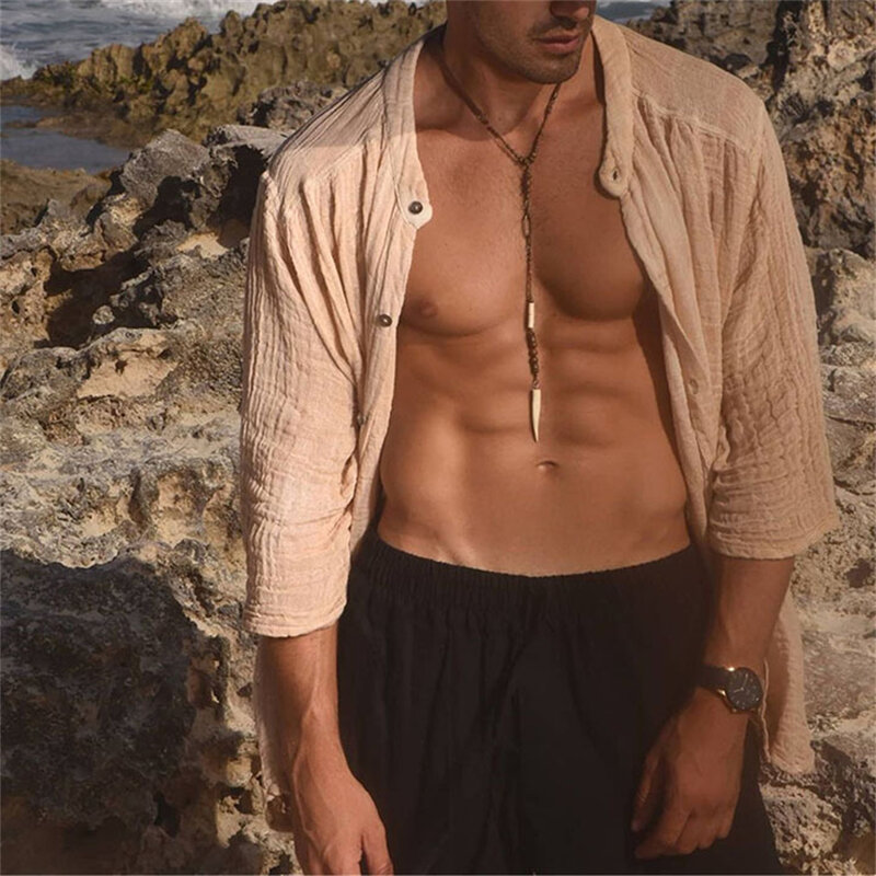 เสื้อฝ้ายลินินแขนยาวสำหรับผู้ชาย, เสื้อผ้าลำลอง Baju atasan Pantai ทรงหลวมสีพื้นสไตล์สตรีทแวร์สำหรับฤดูร้อน2024