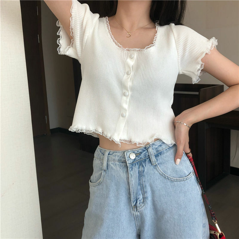 Short Sleeve Solid Women's T Shirt Top Girl Clothes Chic Fashion Lace Y2k Single Breasted Female Crop Harajuku Streetwear Tees