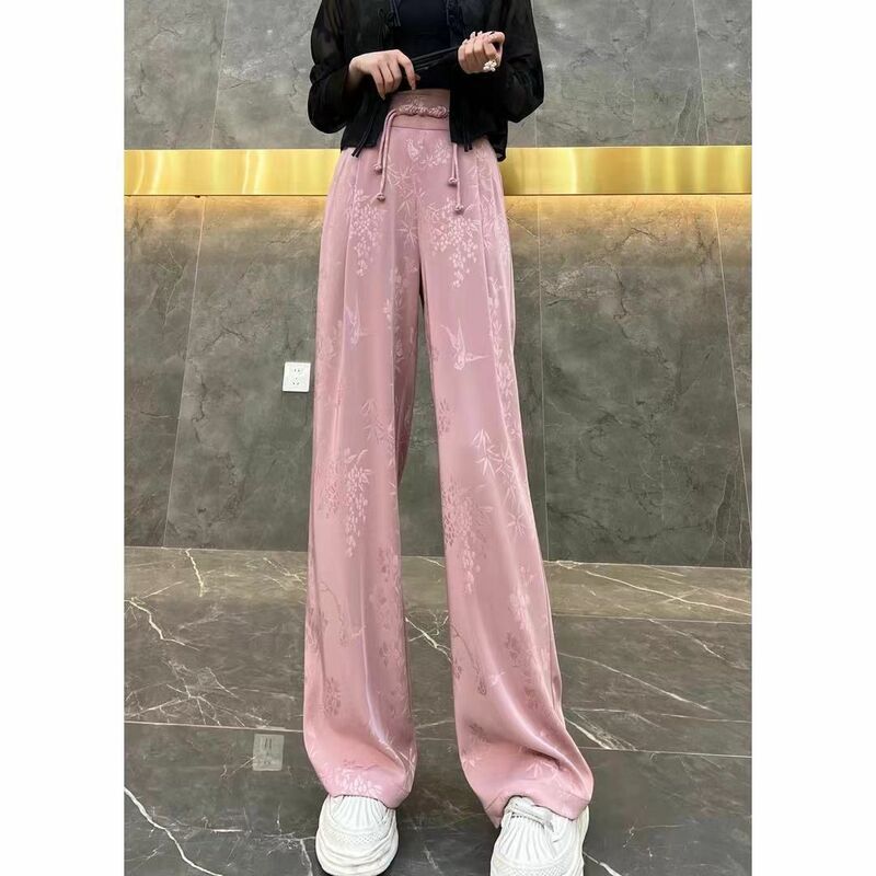 Celana kaki lurus Jacquard wanita 2024, celana kaki lebar kasual gesper pinggang tinggi bergaya Tiongkok musim panas