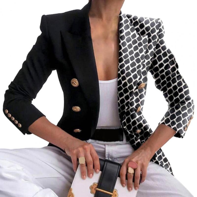 Women Autumn Winter Lapel Long Sleeve Blazer Color Matching Printing Double Breasted Buttons Cuffs Slim Fit Short Suit Coat
