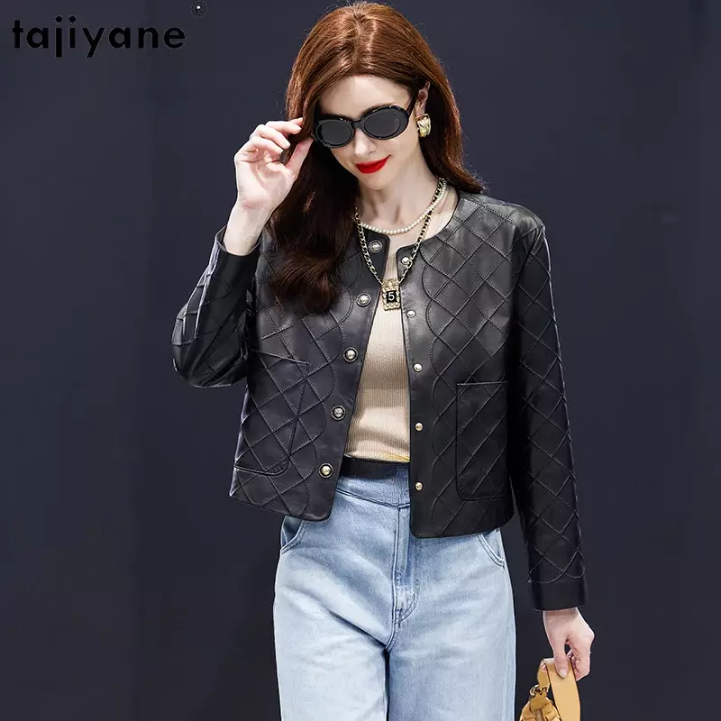 Tajiyane 여성용 진짜 양가죽 코트, 2023 짧은 O-넥 가죽 재킷, 시크한 블랙 가죽 재킷, Abrigos, 고품질