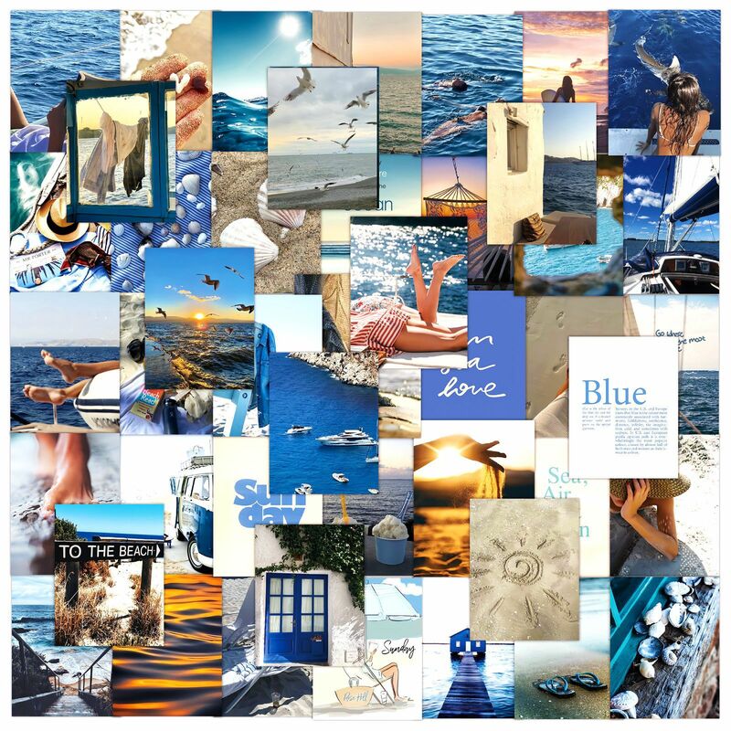 Pegatinas de grafiti de la serie de vacaciones en la playa Azul, 50 piezas, adecuado para ordenador portátil, casco, decoración de escritorio, juguetes adhesivos DIY
