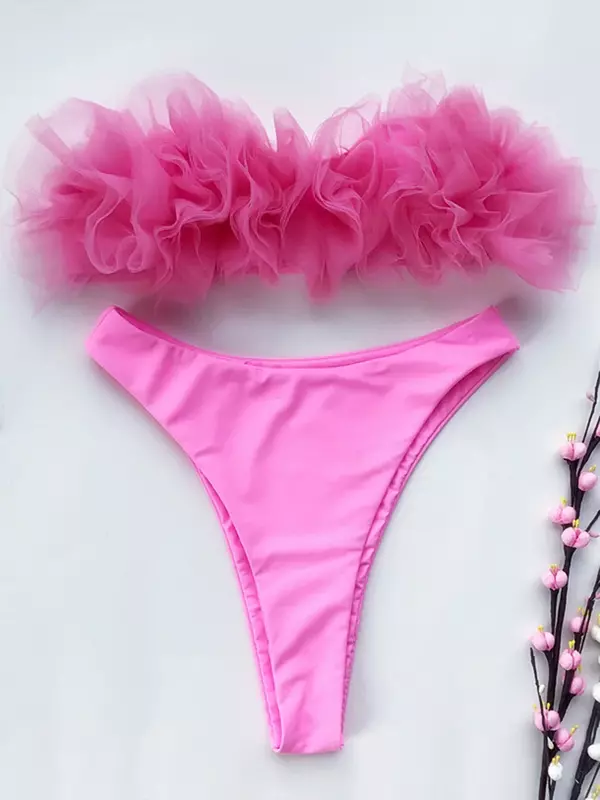 2023 New Sexy 3D Flower Mesh Ruffled Swimsuit High Waist bikini Women Bandeau Swimwear Female Two Pieces Bikini set Bathing Suit