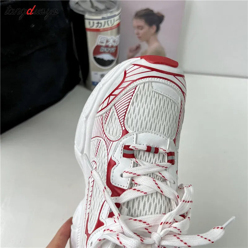 รองเท้าผู้หญิงส้นหนาสีสันสดใส, รองเท้าลำลองรองเท้ากีฬาระบายอากาศได้ดีมีเชือกผูก Comfort รองเท้าผ้าใบของผู้หญิง2024หลากหลายใหม่