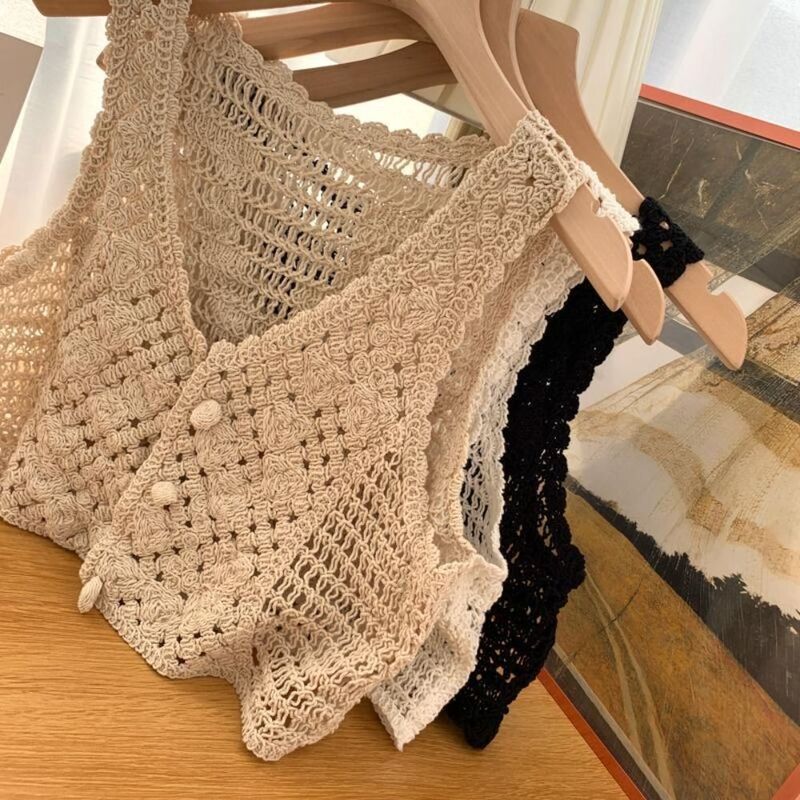 Vintage Hollow Out Vest Crochet Crop Tank Tops Sleeveless Fabric Beach Casual Tops Chic Knitted Buttons Up Cardigans Women