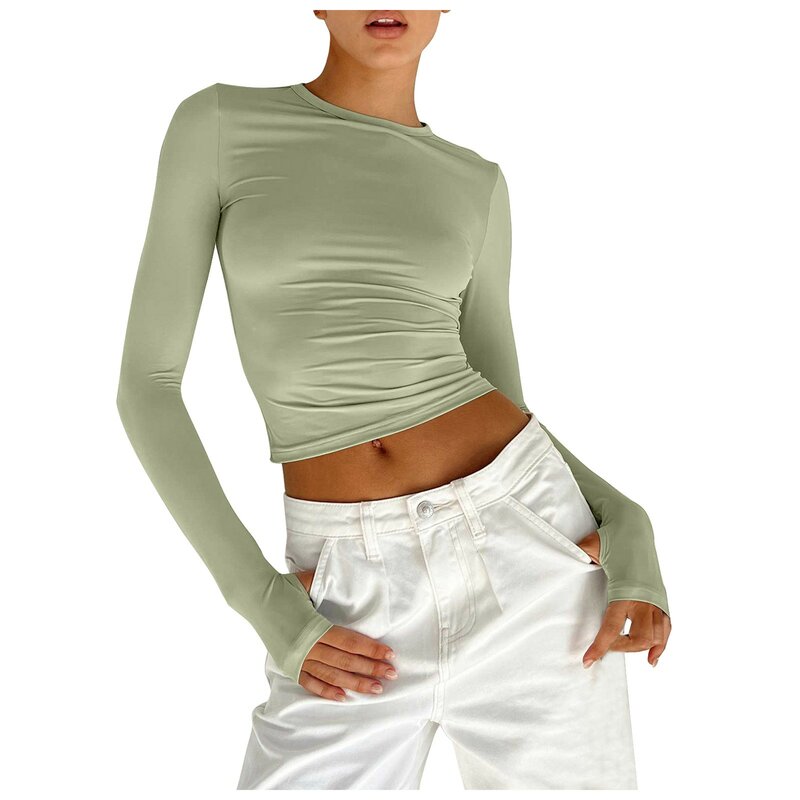 여성용 Y2k 슬림핏 긴팔 티셔츠, 단색 캐주얼 풀오버, 기본 티, 스트리트웨어, 섹시한 손가락 단추 크롭 탑, 가을