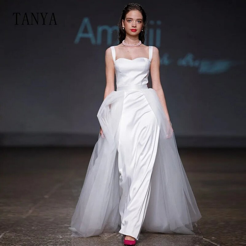 Elegant Sweetheart Neckline Wedding Dress With Detachable Tulle Train Straight Floor Length Satin Bridal Gown Chic TSWD174