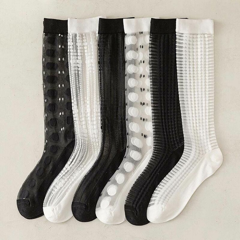 Medias de cristal transparente para mujer, calcetines finos de tubo medio, medias de algodón, parte inferior de pantorrilla, blanco y negro, Verano