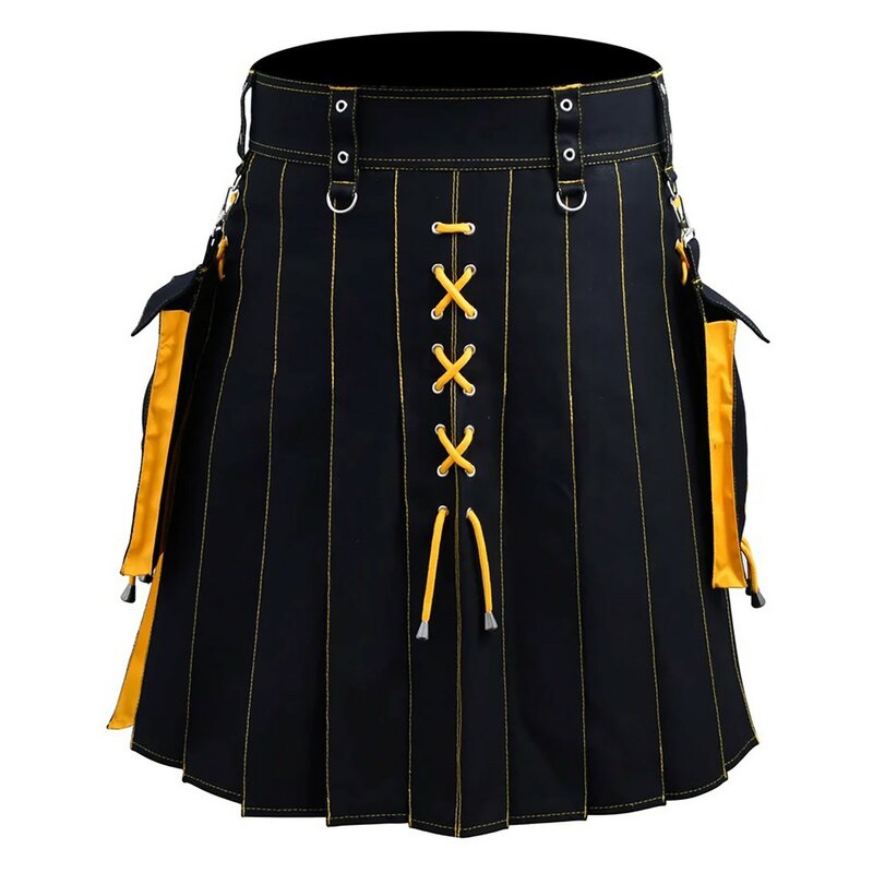 Kilts-Men's Plus Size Scottish Hybrid Black Cotton & Tartan Utility Kilts with Leather Straps Kilts for Men