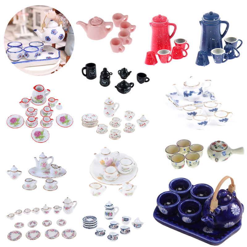 Acessórios Miniatura para Decoração de Dollhouse, Mini Chá de Cerâmica, Simulação Chaleira, Prato e Copo, Brinquedos Modelo, Decoração de Casa de Boneca