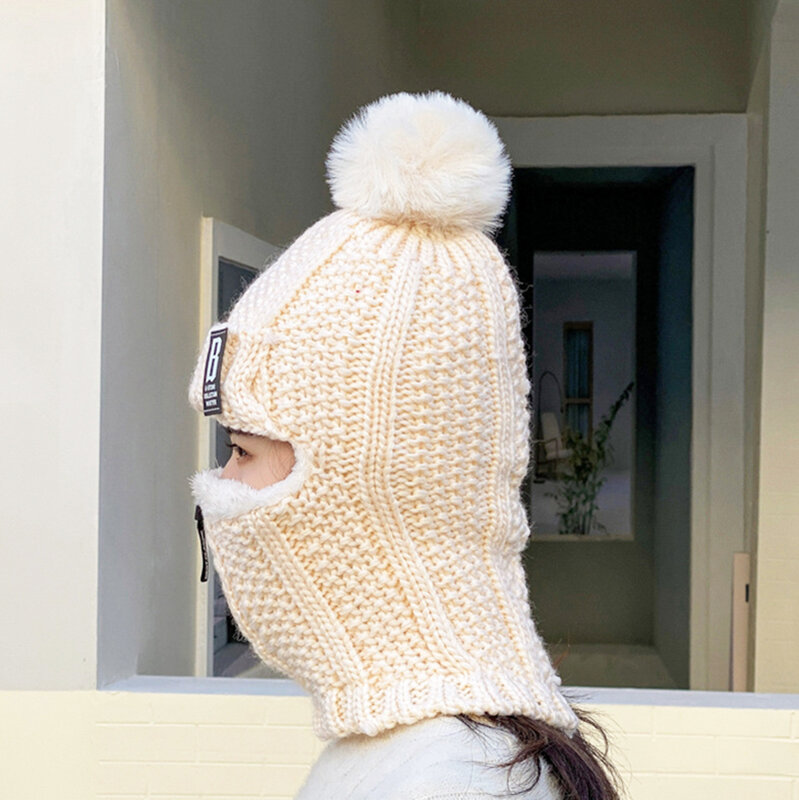 Men Women Knitted Hat Winter Thickened Plush One Piece Outdoor Cycling Zipper Neck Protection Male Female Woolen Cap Accessories