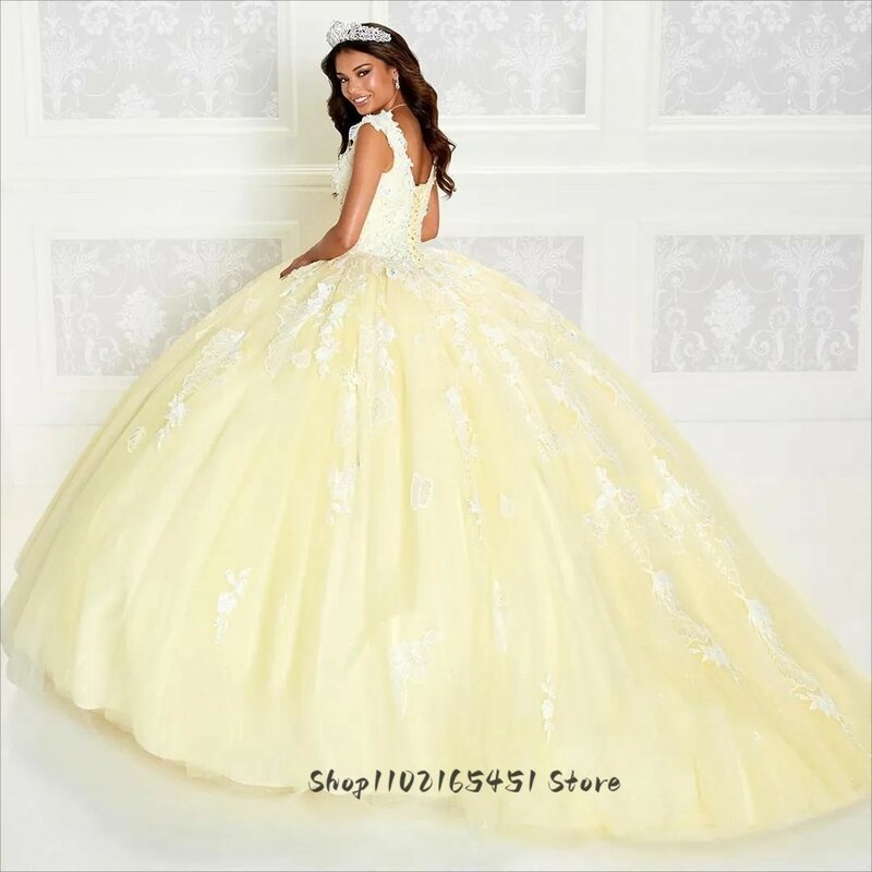 Yellow Quinceanera Dresses Beads Lace Applique V neck Ball Gown Party Birthday Gown Sweet 15 Masquerade Vestidos De 16 Años