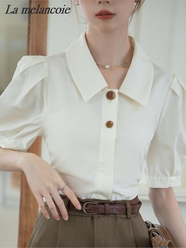 여성용 프렌치 셔츠 짧은 버블 슬리브 터틀넥 솔리드 셔츠, 우아한 시크 루즈 단추 블라우스 탑, 2024 여름 신상 패션