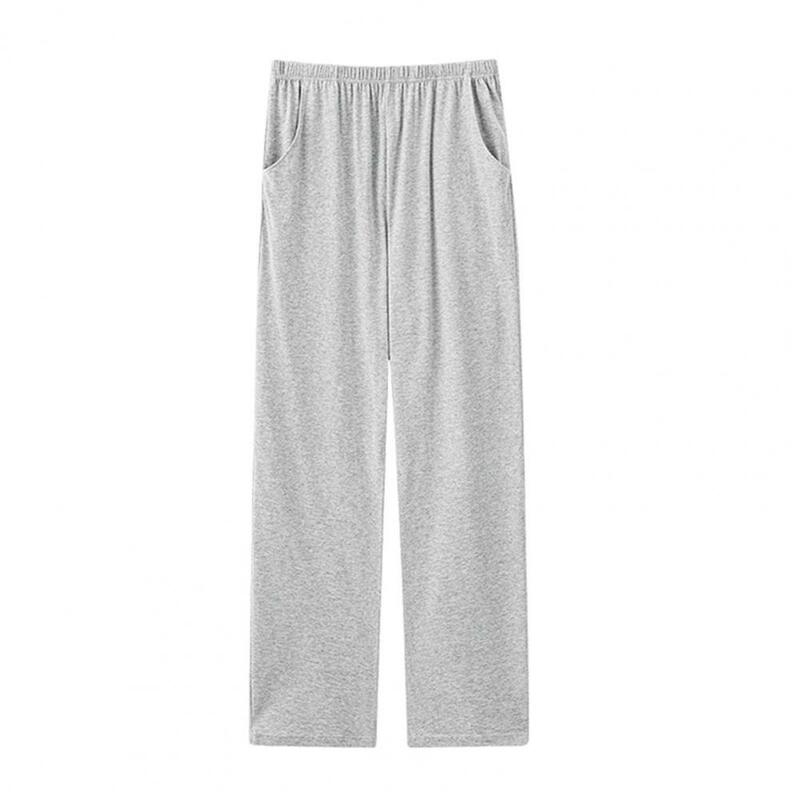Pantalones de pijama cómodos de pierna recta para hombre, pantalones de pijama de invierno con cintura media elástica, bolsillos finos de Color sólido para cómodo