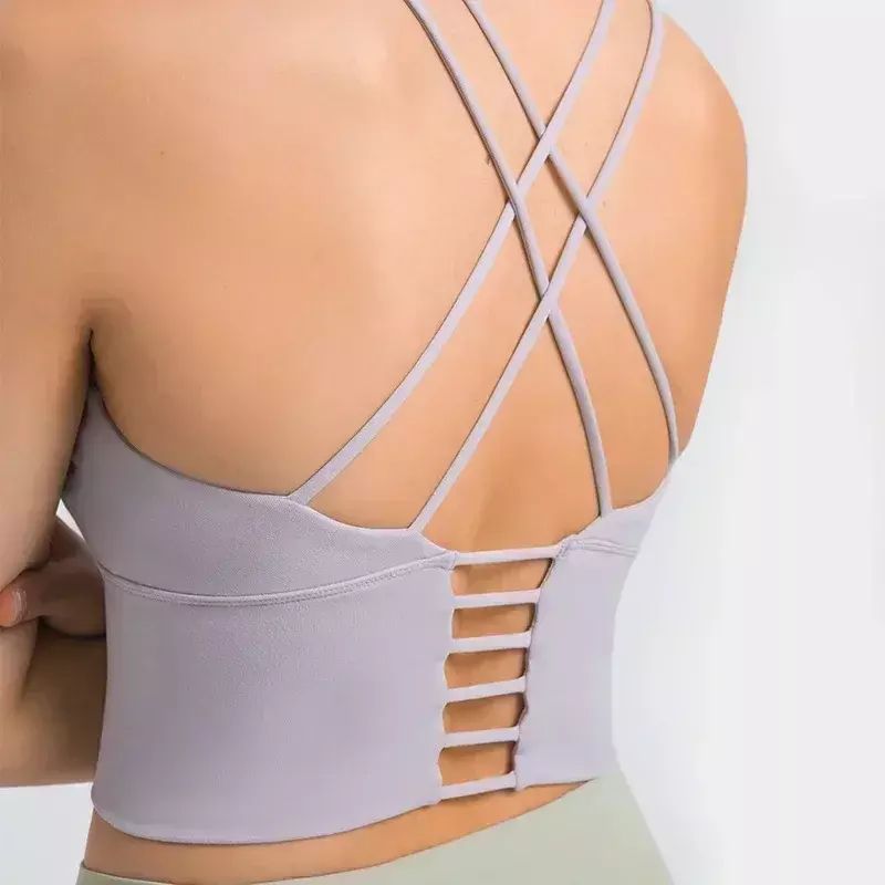 Cytrynowe seksowne biustonosze sportowe z paskiem na plecach wyściełane krzyżowe Backless U-neck przycięte biustonosze do jogi ubrania do ćwiczeń dla kobiet podkoszulek na siłownię