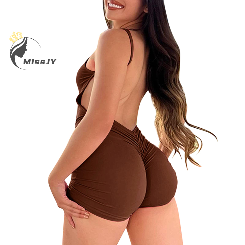Women's One Piece Spaghetti Strap Sleeveless Jumpsuit Workout Backless Short Slim Fit Ruched Romper
