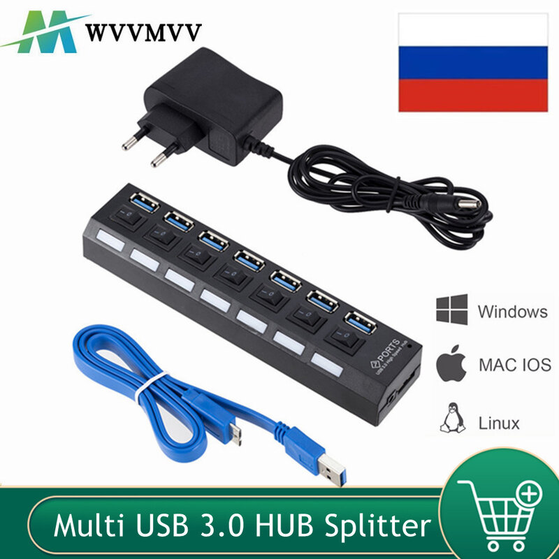 WvvMvv USB 3.0 Hub USB3.0 Hub Multi USB Splitter 3 Hab Use Power Adapter 7 Port Multiple Expander 3.0 USB Hub with Switch For PC
