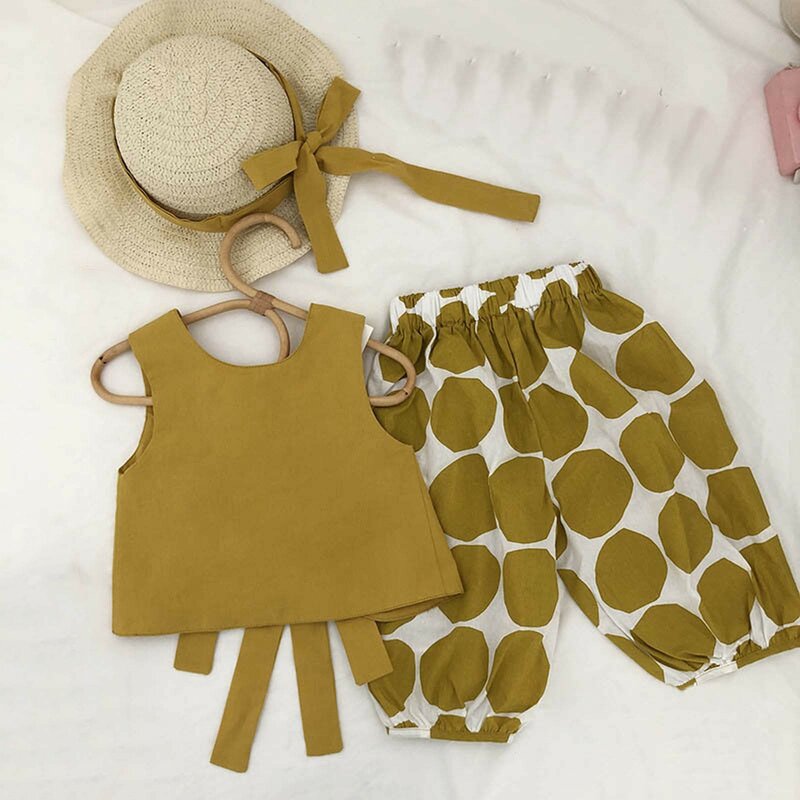Toddler Kids Clothing Girls Bow Tie Top Polka Dot Pants Two Piece Summer Clothes Sets Girls Outfits Sets 1 2 3 4 5 6 7 Years