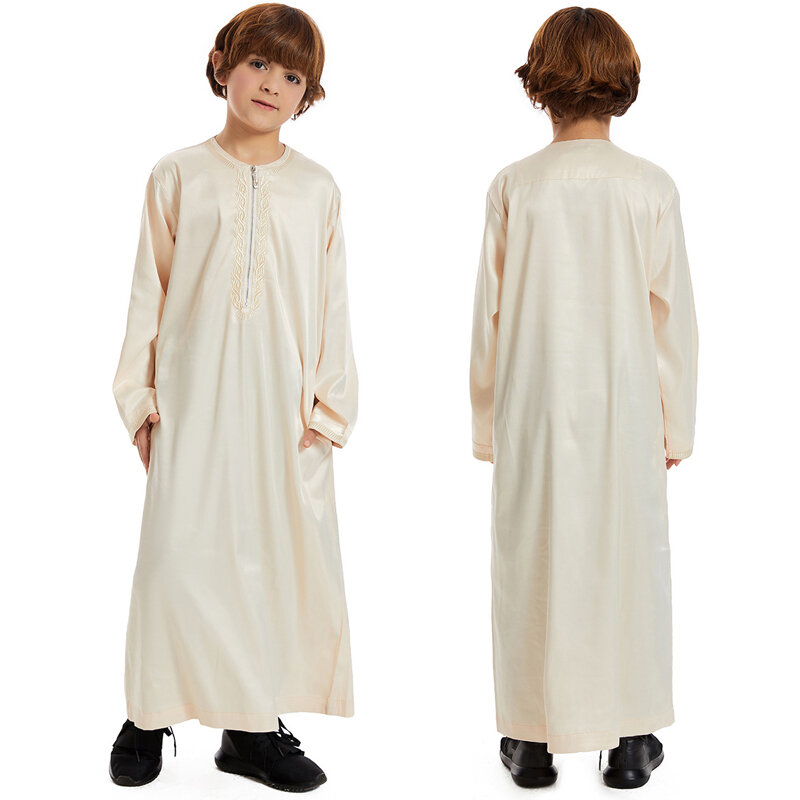 Robe musulmane à manches longues pour garçons, Thobe Abaya, Arabie saoudite, Kaftan islamique, Fermeture à glissière, Arabe, Dubaï, Robe avec poches