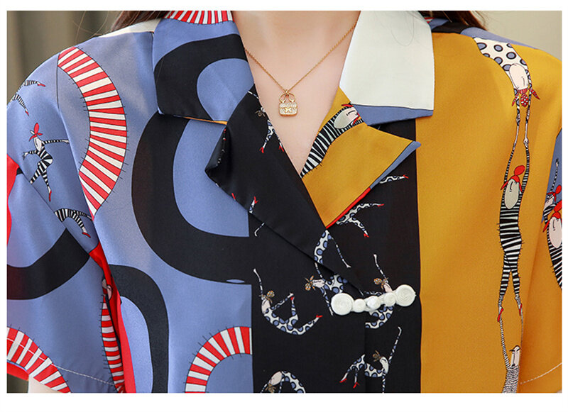 Женская Повседневная Блузка с коротким рукавом и принтом цепей, элегантная офисная блузка с отложным воротником