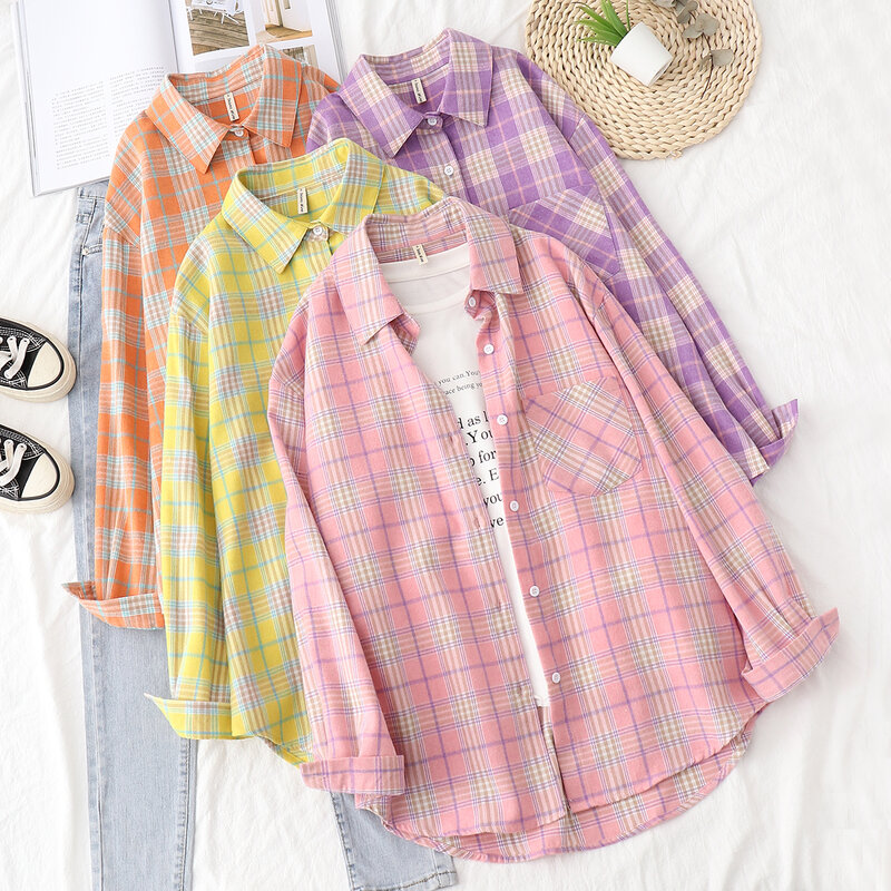 Camisa a cuadros para mujer, blusa elegante de manga larga con estampado informal, Tops holgados de algodón, novedad de primavera