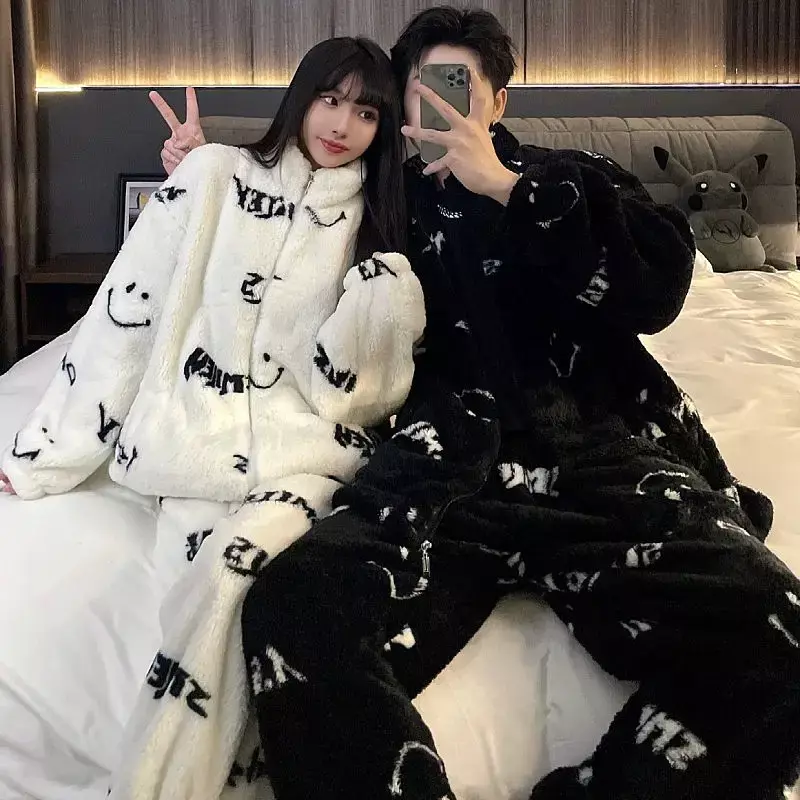 Korean personality fashion couple coral velvet pajamas in autumn and winter new loose casual suit can be worn when going out