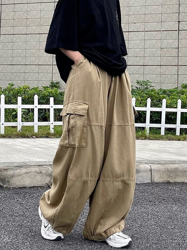 بنطال هوتشو هاراجوكو كاكي نسائي قصير بجيوب كبيرة بأرجل واسعة نمط الهيب هوب أسود للنساء على الموضة الكورية