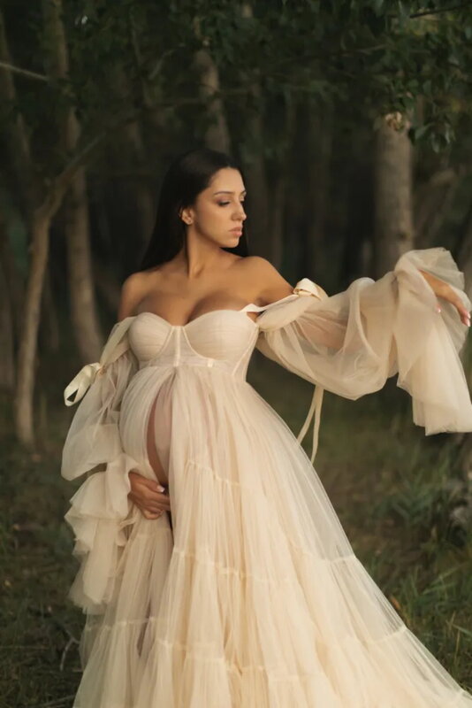Elegant Maternity Dress For Photo Shoot Tulle Off Shoulder Tiered Ruffles Long Sleeve Pregnancy Gown Front Slit Baby Shower